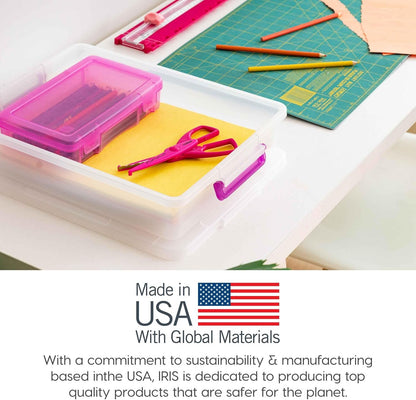 IRIS USA 5.7L (6 US Qt) Medium Plastic Storage Bins with Secure Buckles and Portable Handle, 6-Pack, Organizer Container Box for Stationery Craft Beauty and Household Supplies, Clear/Violet