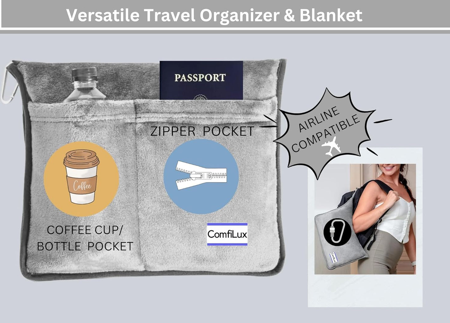 Travel Blanket Airplane Compact with Bag - Packable 2 in 1 Pillow and Blankets Set - Flight Organizer & Travel Essentials with Luggage Sleeve Pockets & Backpack Clip - for Plane, Car, Camping & Home!