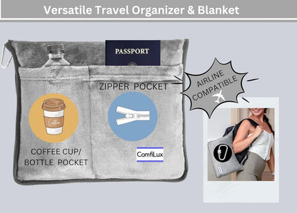 Travel Blanket Airplane Compact with Bag - Packable 2 in 1 Pillow and Blankets Set - Flight Organizer & Travel Essentials with Luggage Sleeve Pockets & Backpack Clip - for Plane, Car, Camping & Home!