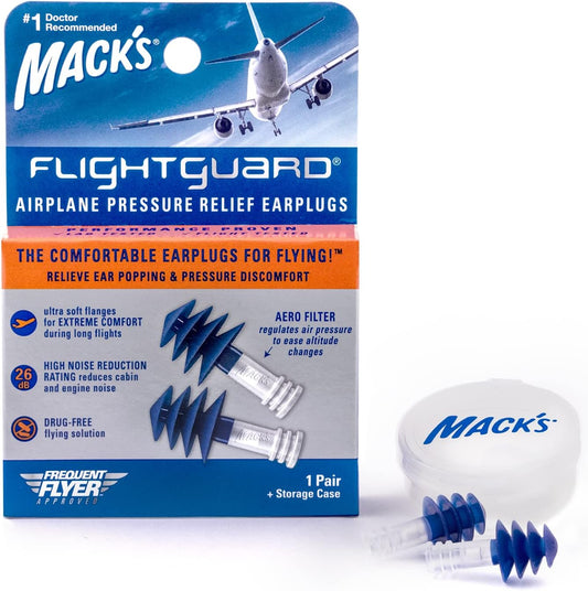 Mack’s Flightguard Airplane Pressure Relief Earplugs – 26dB NRR – Comfortable, Safe, Travel Ear Plugs