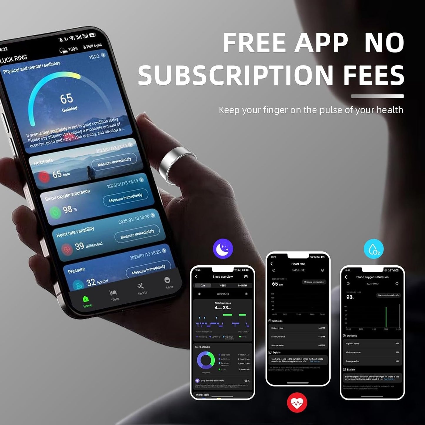 2025 2.0 Unisex Smart Ring Sports Recorder Without Subscription iPhone and Android app 3 Sports Modes (Black, 9#)
