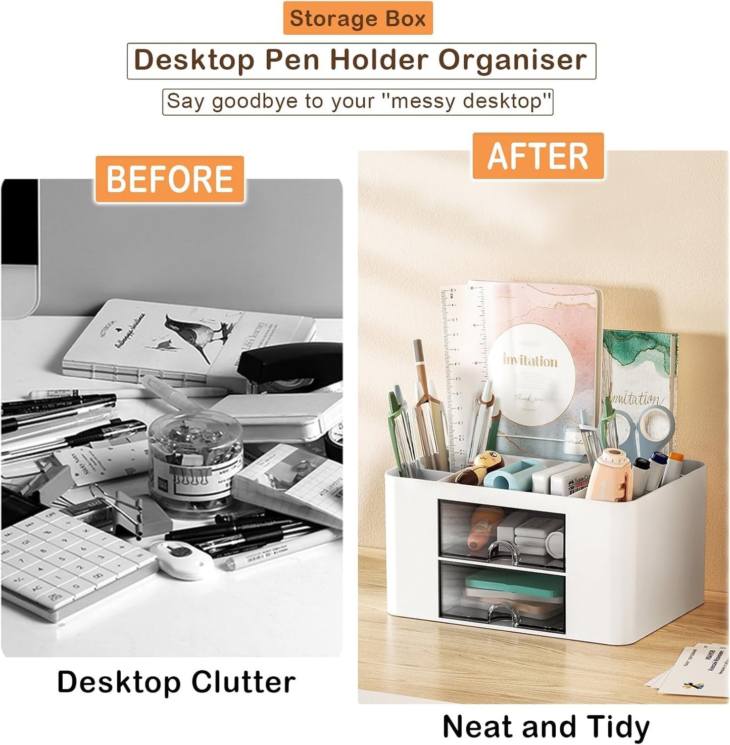 Drawer Organizers, 4 sections & 2 drawers Pen Holder for Desktop Storage, Desk Organizer, Plastic Makeup Organizer, Desk Organization for School, Home, Office Supplies (White)