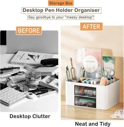 Drawer Organizers, 4 sections & 2 drawers Pen Holder for Desktop Storage, Desk Organizer, Plastic Makeup Organizer, Desk Organization for School, Home, Office Supplies (White)