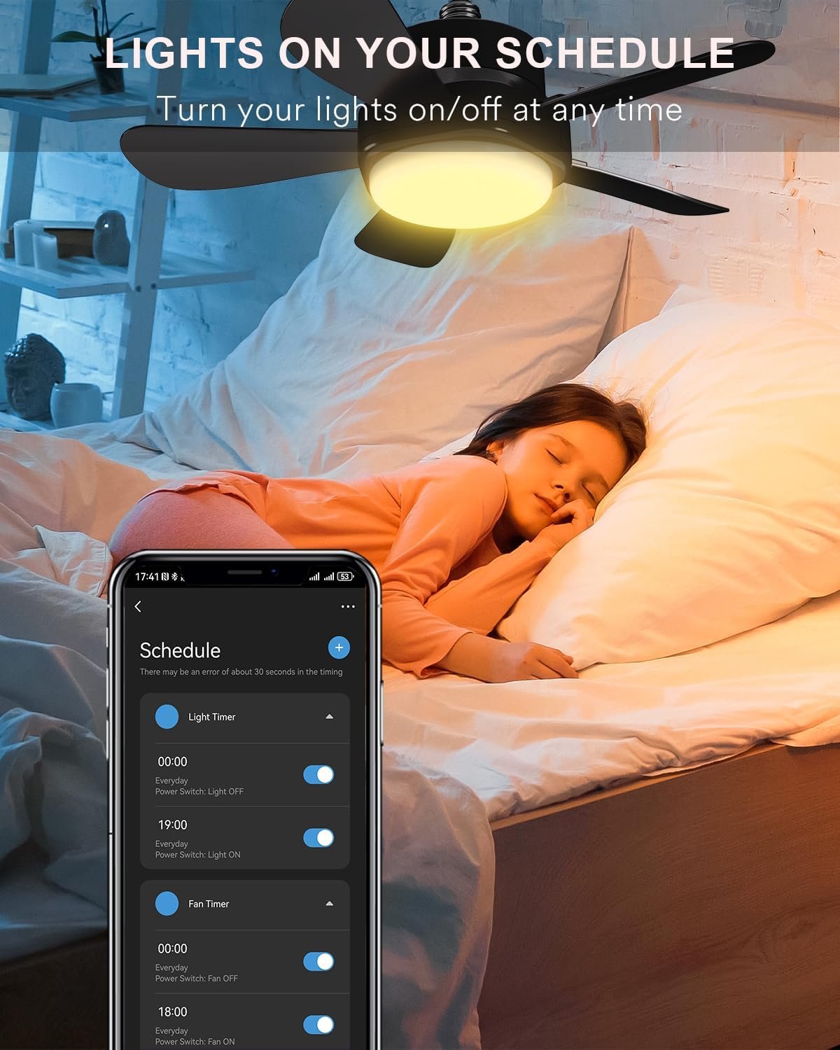 Smart Socket Fan Light, Wi-Fi Color Changing Light Socket Ceiling Fan with Lights and Remote, 6 Adjustable Fan Speed, LED Lights Socket Fans for Bedroom Bathroom Garage Kitchen, Black