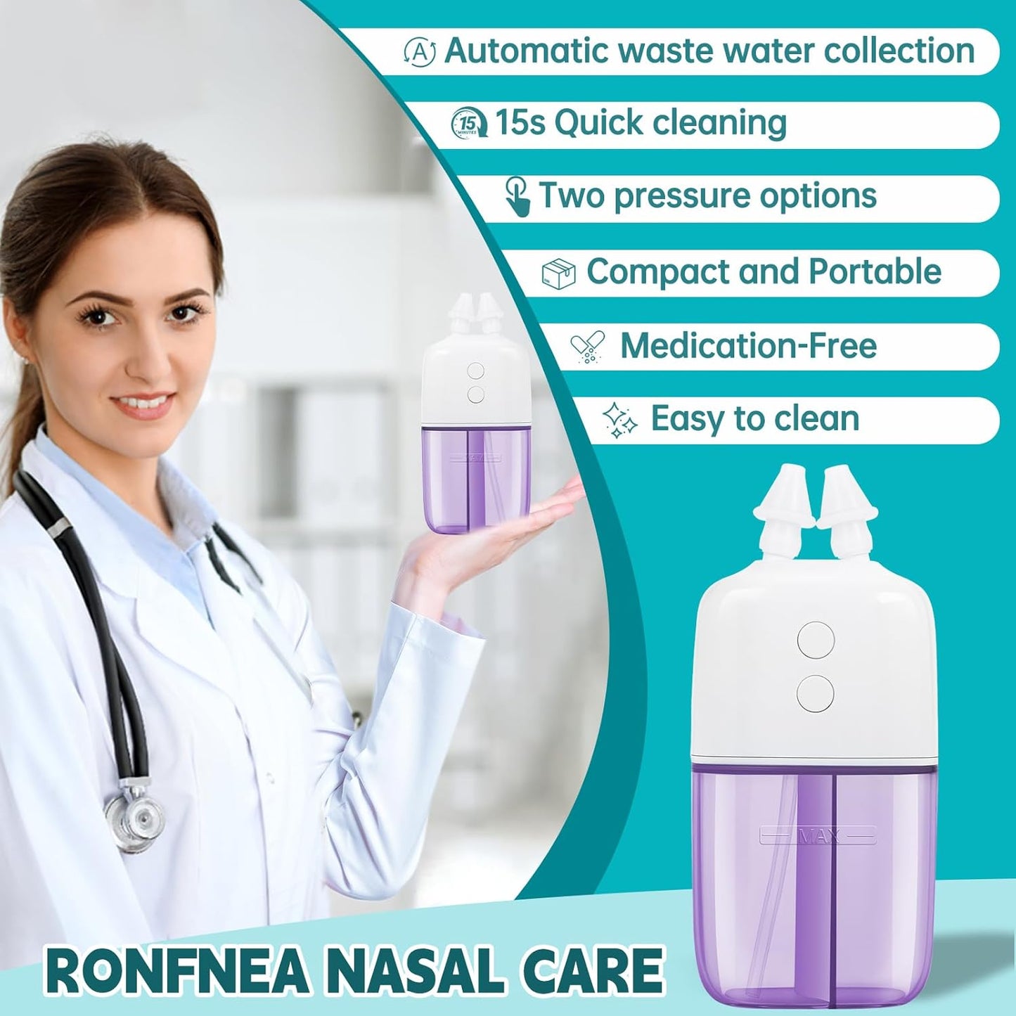 Nasal Irrigation System with Dual Speed and Auto Waste Collection – Portable and Travel-Friendly Nasal Irrigator – Nasal Cleaner for Sinus Relief Nasal Rinse Machine for Allergy and Sinus Care Purple