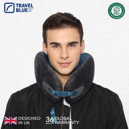 Travel Blue Infinity Neck Support Pillow - Premium Memory Foam Travel Pillow with 360 Degree Neck Support for Comfort and Pain Relief - Ideal for Airplane, Car and Train Travel (Blue)