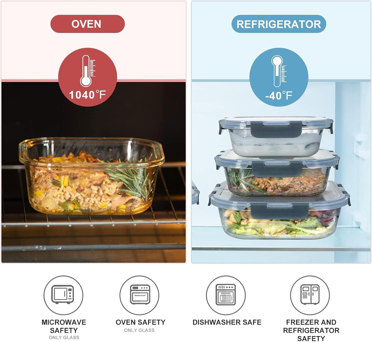 12pcs Mixed Sized Glass Food Storage Containers Set with Snap Locking Lids,Round;Rectangular&Square Glass Containers,BPA-Free,Dishwasher,Microwave Safe