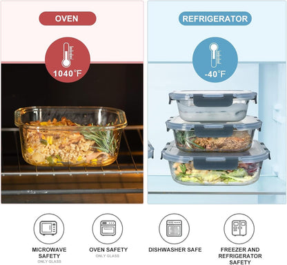12pcs Mixed Sized Glass Food Storage Containers Set with Snap Locking Lids,Round;Rectangular&Square Glass Containers,BPA-Free,Dishwasher,Microwave Safe