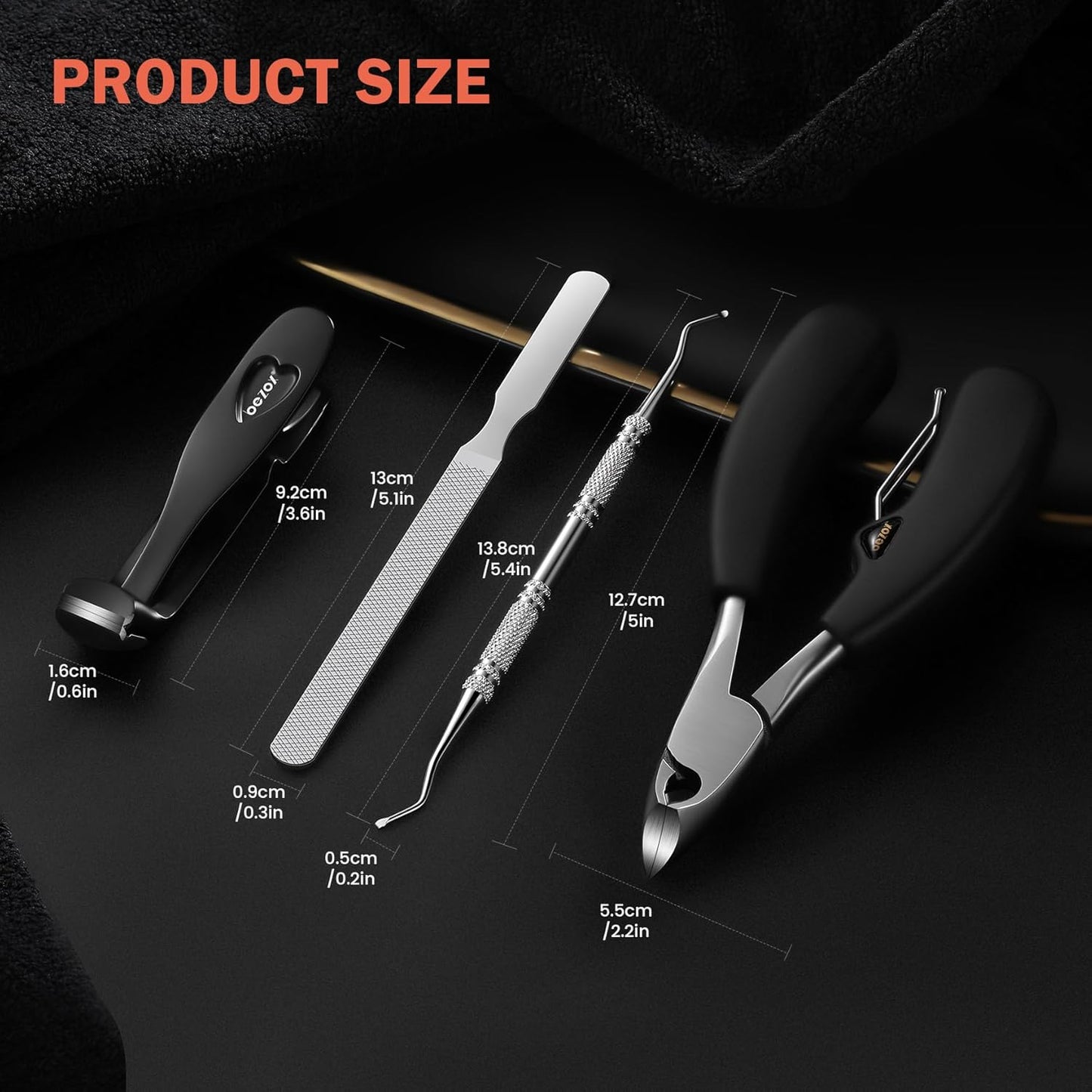 BEZOX Toenail Tool Kit 4PCS Nail Care Set for Ingrown Toenails – Curved Head Toe Nail Clippers for Seniors for Thick Nails, Thick Toenail Clippers, Long Nail File & Dual-Ended Lifter - Black