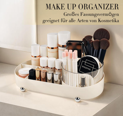 ilauke 360° Rotating Makeup Organizer with Drawers - Multifunctional Vanity Table Organizer for Bathroom and Bedroom, Generous Capacity, Bathroom Organizer (Beige)