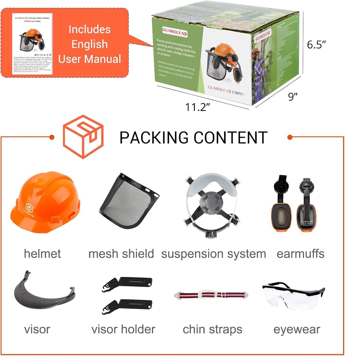 GUARDLEAD Chainsaw Helmet Forestry Safety Helmet System C009R; Integrated Eyewear, Visor and Hearing Protection