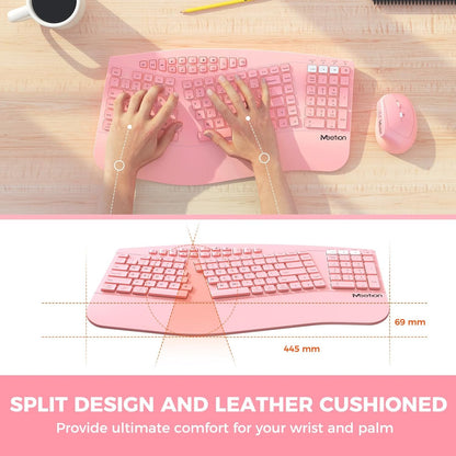 MEETION 2025 Upgrade Pink Ergonomic Keyboard and Mouse, Multi-Device Bluetooth/2.4G Keyboard, 3 DPI Adjustable Wireless Mouse, Full-Sized Rechargeable Cordless for PC/Computer/Laptop/Window