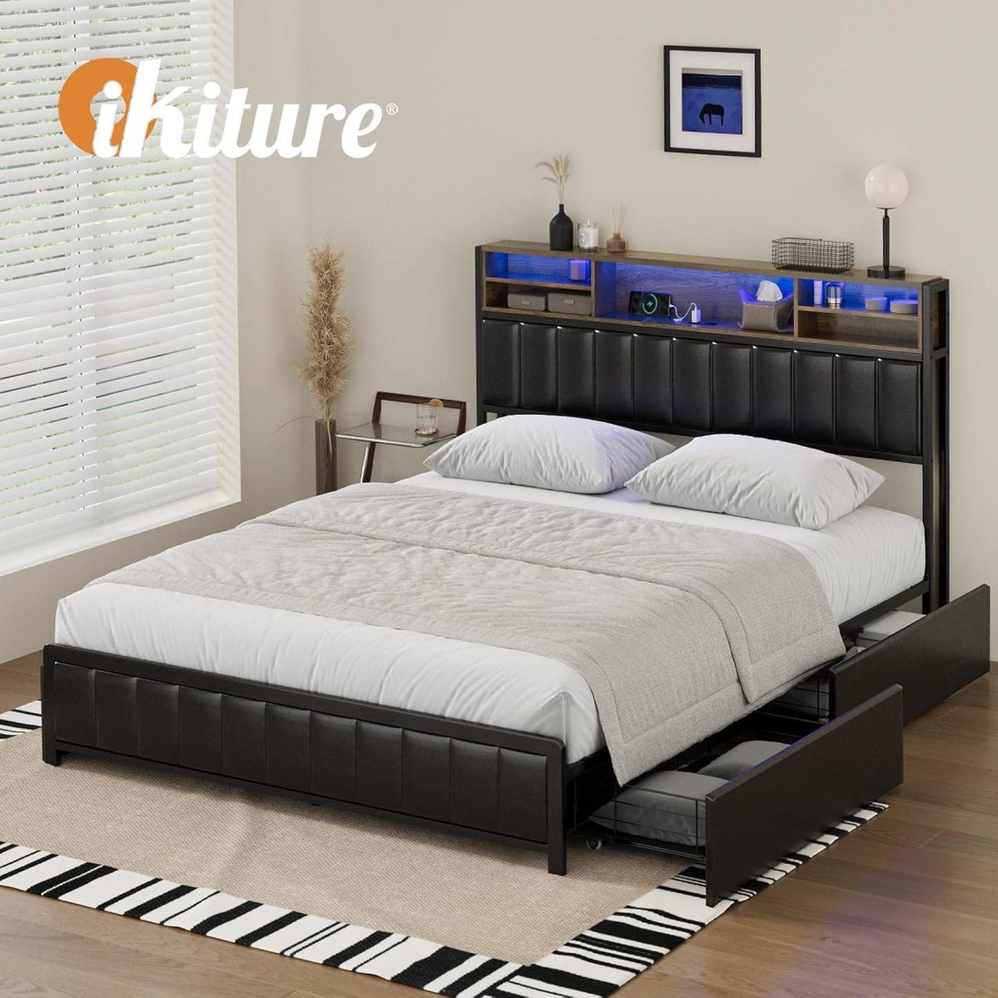 Oikiture Queen Size Bed Frame with 5 LED Open Display Shelves and 4 Drawers Metal Queen Bed with Bed Head Black