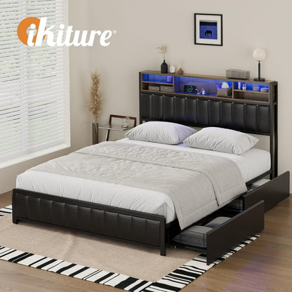 Oikiture Queen Size Bed Frame with 5 LED Open Display Shelves and 4 Drawers Metal Queen Bed with Bed Head Black