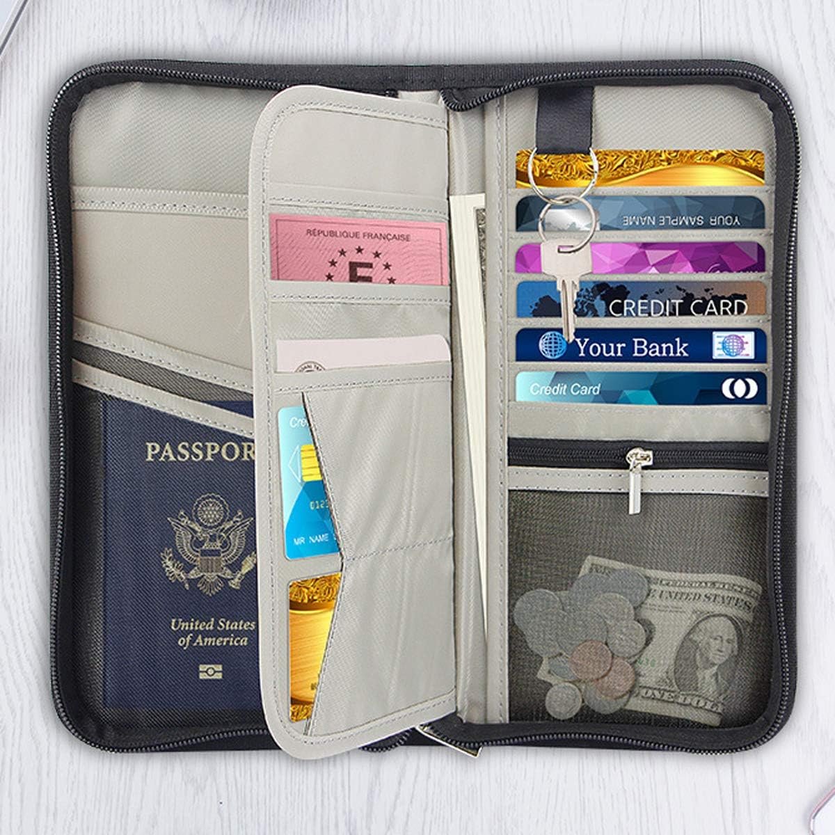 RFID Blocking Passport Wallet, RUMANLE Family Travel Passport Holder Bag Waterproof Card Organiser with Hand Strap Zip,Ticket Cash Coins Holder Case for Outdoor Sporting Traveling - Black