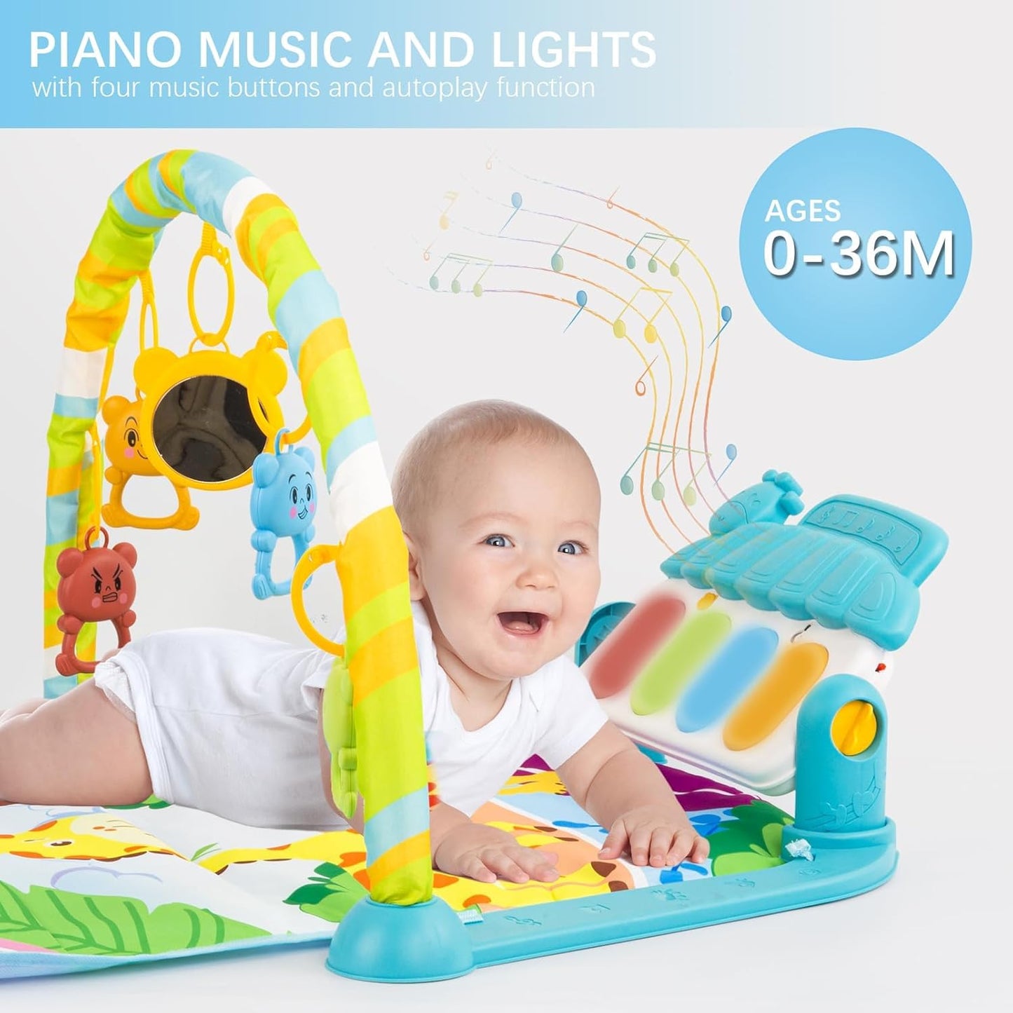 Besswin Baby Gyms Play Mat, Activity Center with Portable Play Piano Gym Mat & Lights Toy,Five Hanging Toys for Interactive Play Soft, Infant Tummy Time Mat Perfect Baby Toys for Age 0+（518A-25）