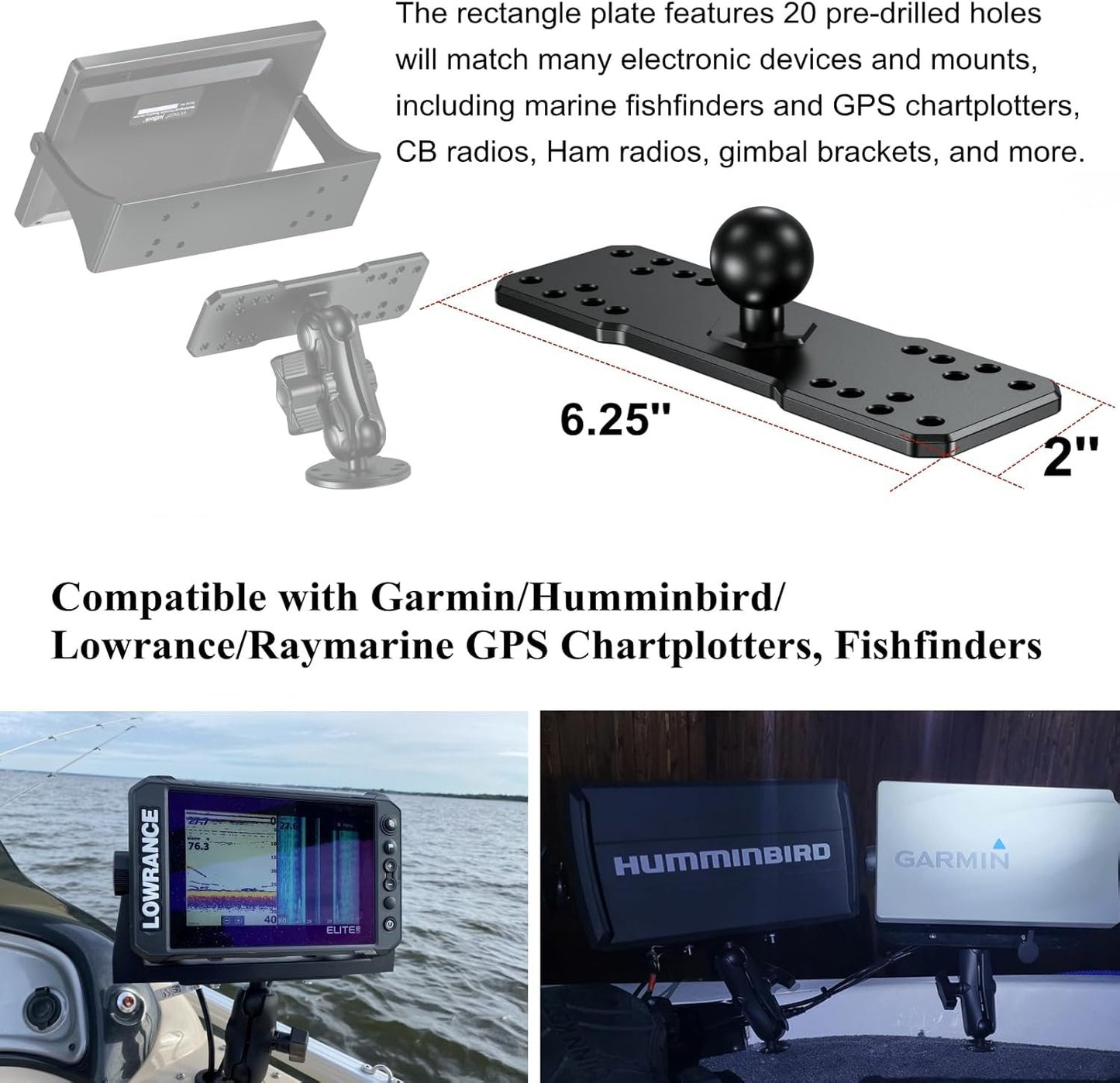 BRCOVAN Aluminum Alloy Marine Electronic Plate with 1'' TPU Ball for RAM Mounts B Size Double Socket Arm for Garmin/Humminbird/Lowrance GPS Chartplotters, Fish Finders and Marine Electronic Mount