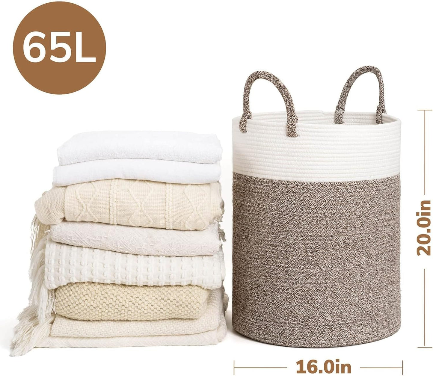 INDRESSME Extra Large Laundry Basket,Woven Laundry Hamper with Handles,Baskets Storage Organization for Blanket Home Décor,Tall Rope Storage Basket for Towels, Pillows,16 x 20 inches