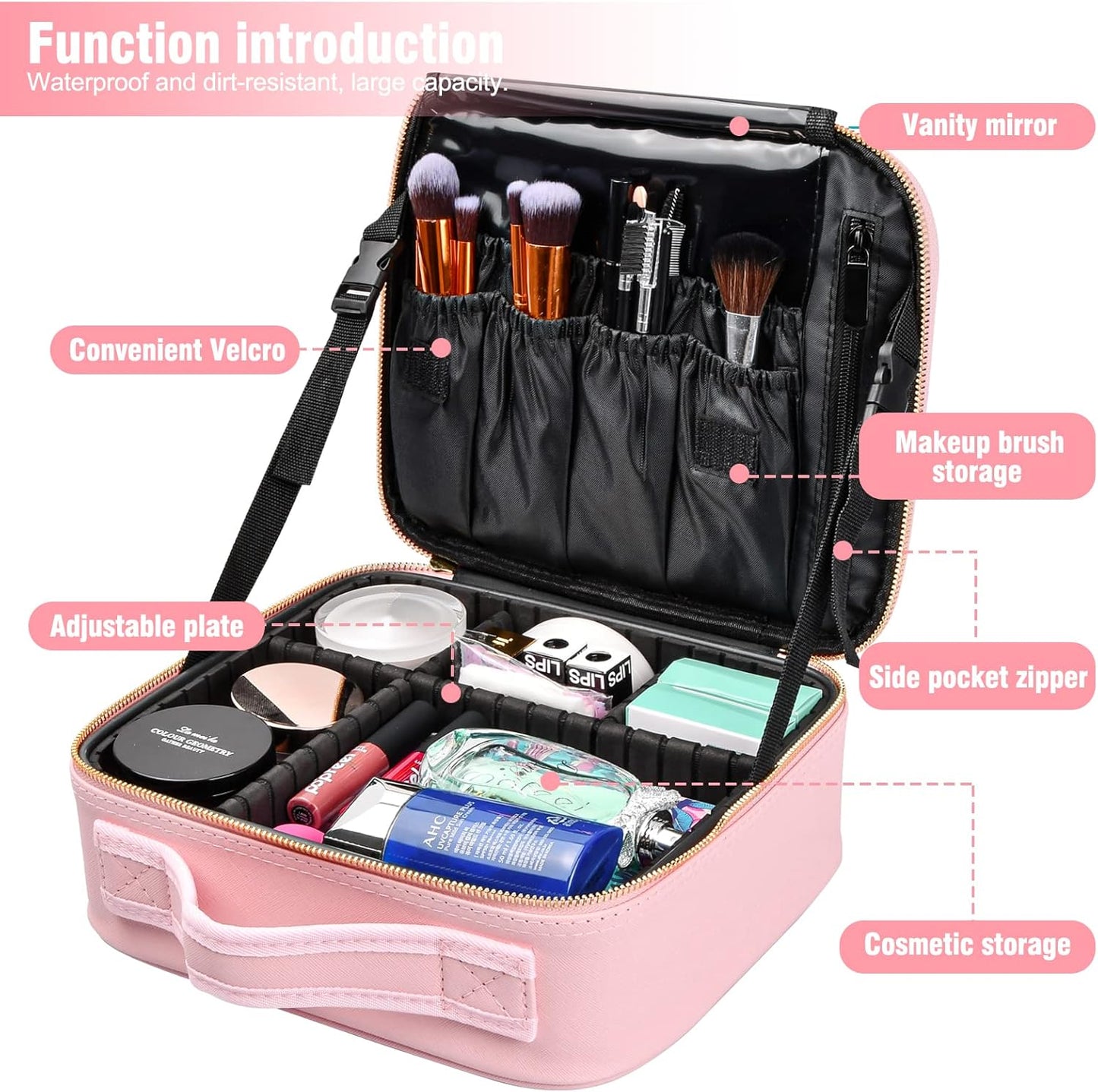 Chstarina Travel Beauty Case, Professional Makeup Bag, Women's Makeup Bag, Waterproof Makeup Bag, Bag with Adjustable Dividers Organizer, Travel Organizer, Pink, pink, makeup case