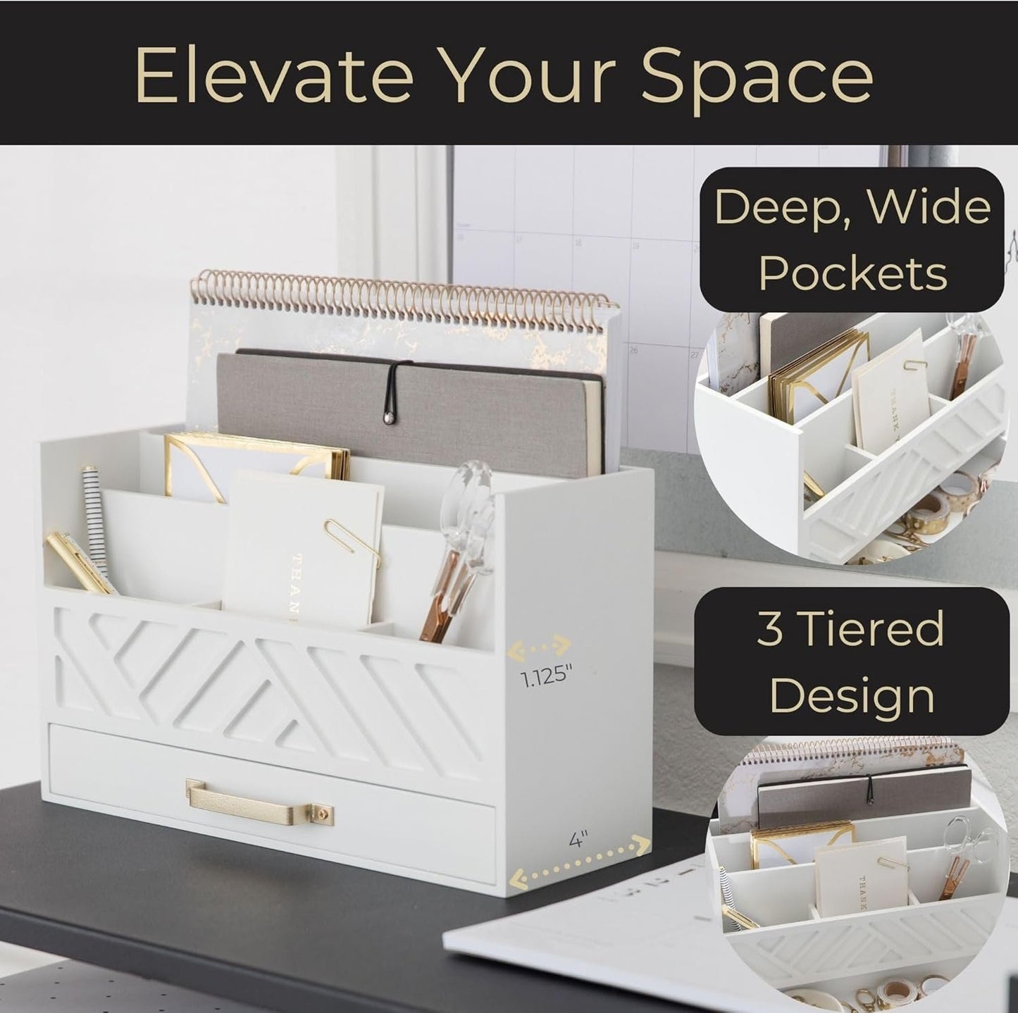 BLU MONACO White Wooden Mail Organizer with Drawer and Gold Handle – Desk Accessories for Office Organization and Storage – Home, Office, and Classroom Supplies