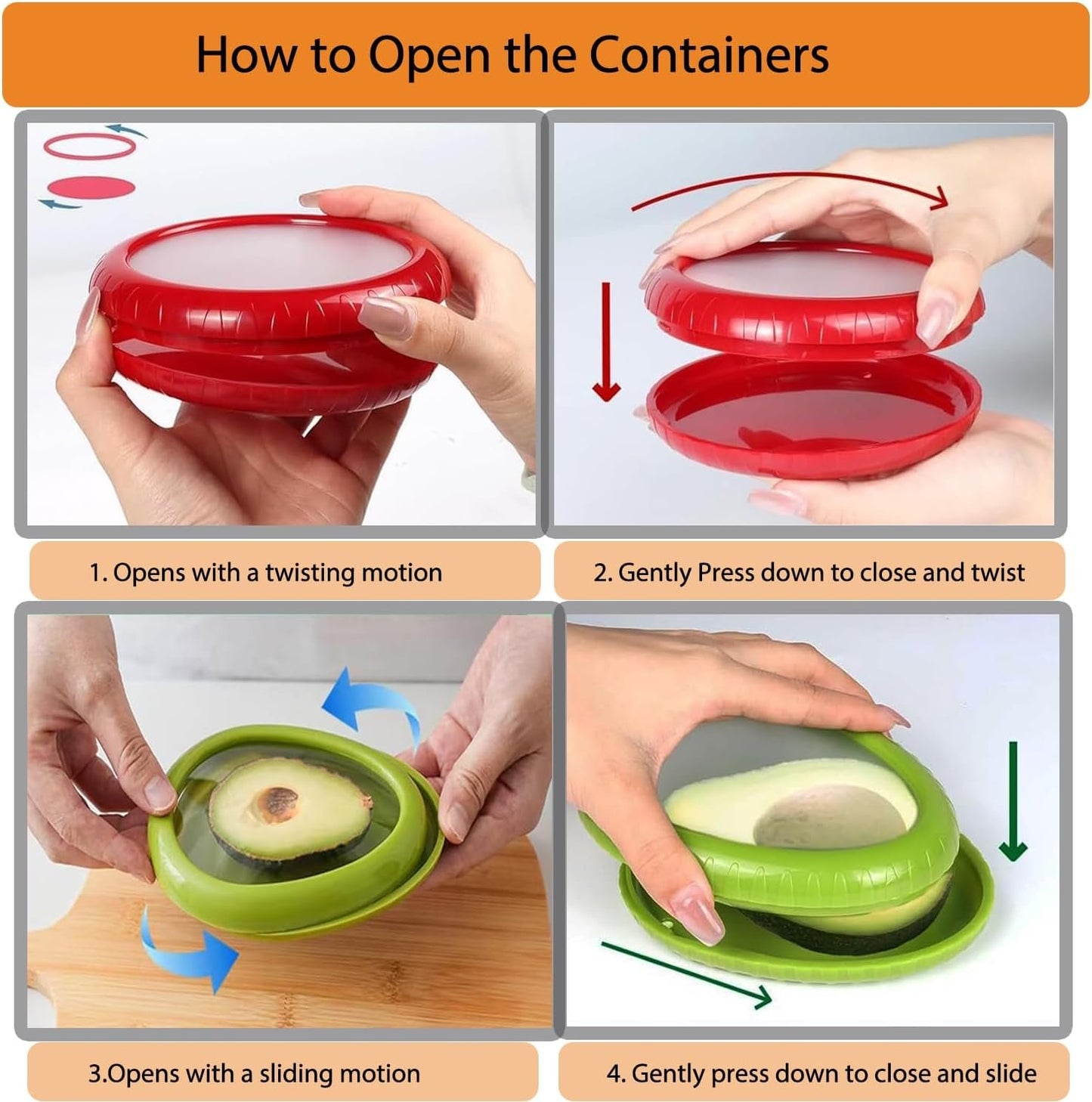 Avocado Saver and Tomato Holder - Set of 4 Reusable Silicone Fruit and Vegetable Storage Containers for Fridge - Ideal for Garlic, Onions, Lemons, and Potatoes