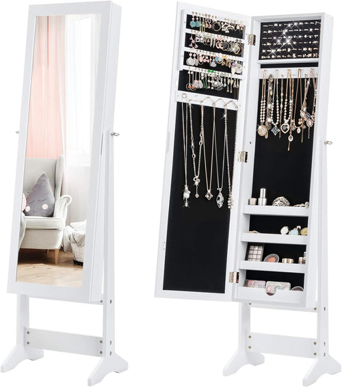 COSTWAY Floor Standing Jewellery Cabinet with 3 Corner Mirror, Jewellery Box Organizer for Bedroom Jewellery, 35 x 30 x 144 cm (White)