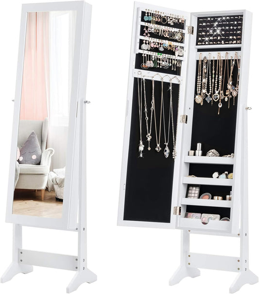COSTWAY Floor Standing Jewellery Cabinet with 3 Corner Mirror, Jewellery Box Organizer for Bedroom Jewellery, 35 x 30 x 144 cm (White)
