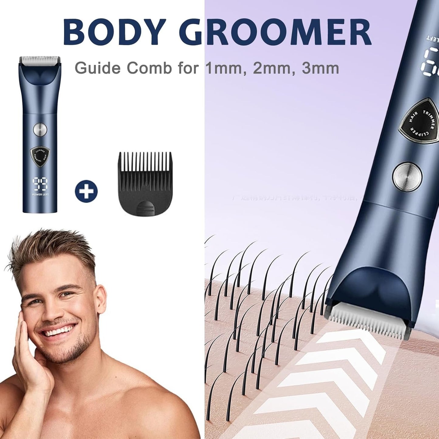 LAIKME Body Hair Trimmer for Men - Electric Male Hygiene Grooming Shaver - Hair Razor Nose Trimmer Clippers - 3 in 1 Groin Groomer IPX5 Waterproof LED Display Remover for Chest Back Armpit