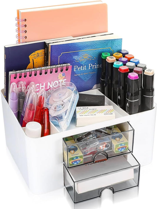 Desk Organizer with 2 Drawers, Plastic Pen Holder for Desktop Storage, Cute Desk Accessories Organizer for School, Home, Office Supplies (White)