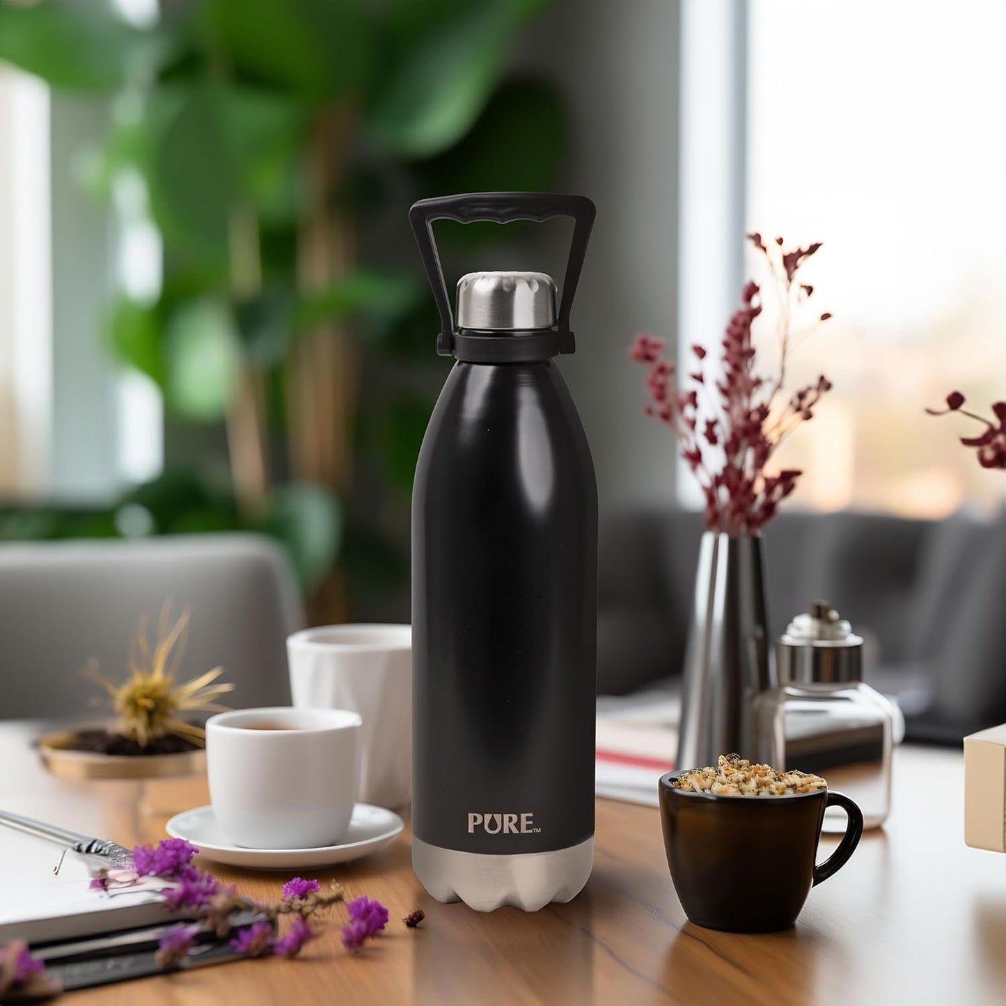 PURE Insulated Water Bottle, 1.5 L, Black - Large Canada Stainless Steel Metal Vacuum Thermal Leak Proof Water Bottles with Handle for Sports, Travel, Home and Office