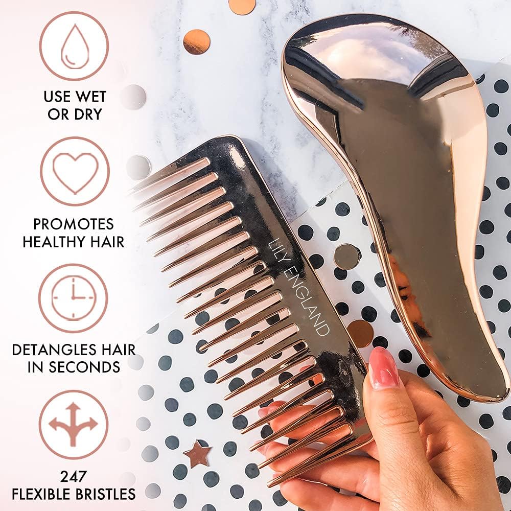 Lily England Detangling Comb & Hair Brush Set - Wide Tooth Comb for Curly, Straight, Thick, Fine & Wet Hair - Gentle & Pain-Free Detangler for Women & Kids - Lightweight Haircare Tools, Rose-Gold