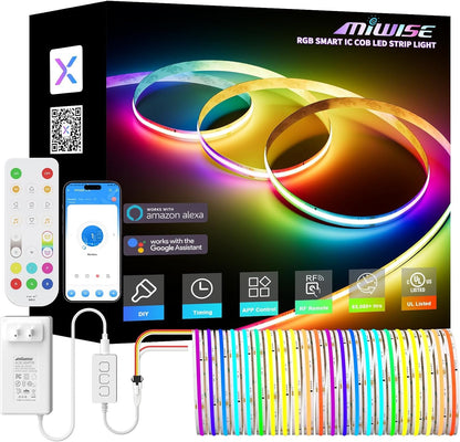 MIWISE RGB Smart IC COB LED Strip Light,32.8ft Color Chasing Flexible LED Tape Light,WS2811 Addressable RGB Strip with APP Control/Music Mode,Work with Alexa/Google,for Home DIY Lighting Projects
