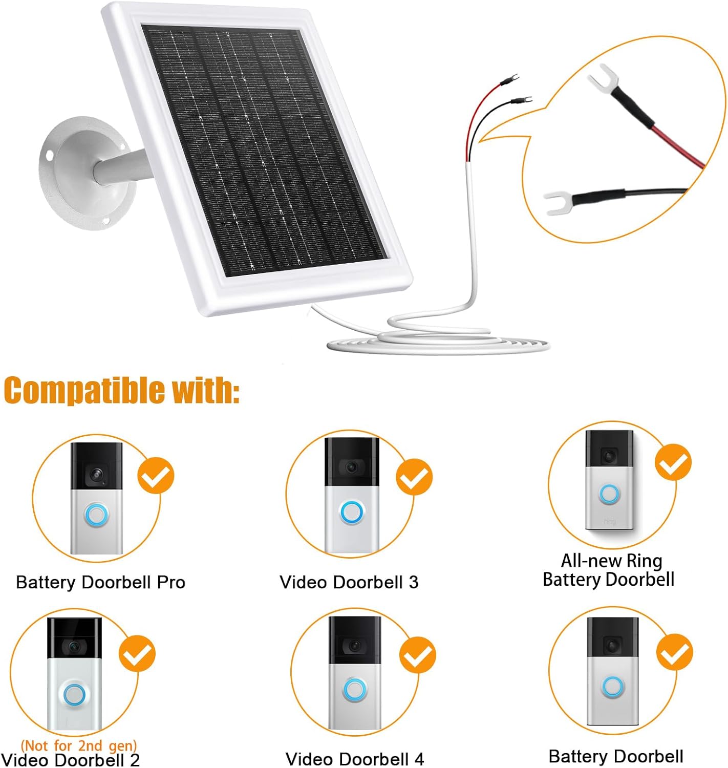 Ring Doorbell Solar Charger 5W 12VAC Compatible with Ring Video Doorbell 3/3+/4, Battery Video Doorbell Pro, 16.4ft Waterproof Charging Cable, 360°Adjustable Mount
