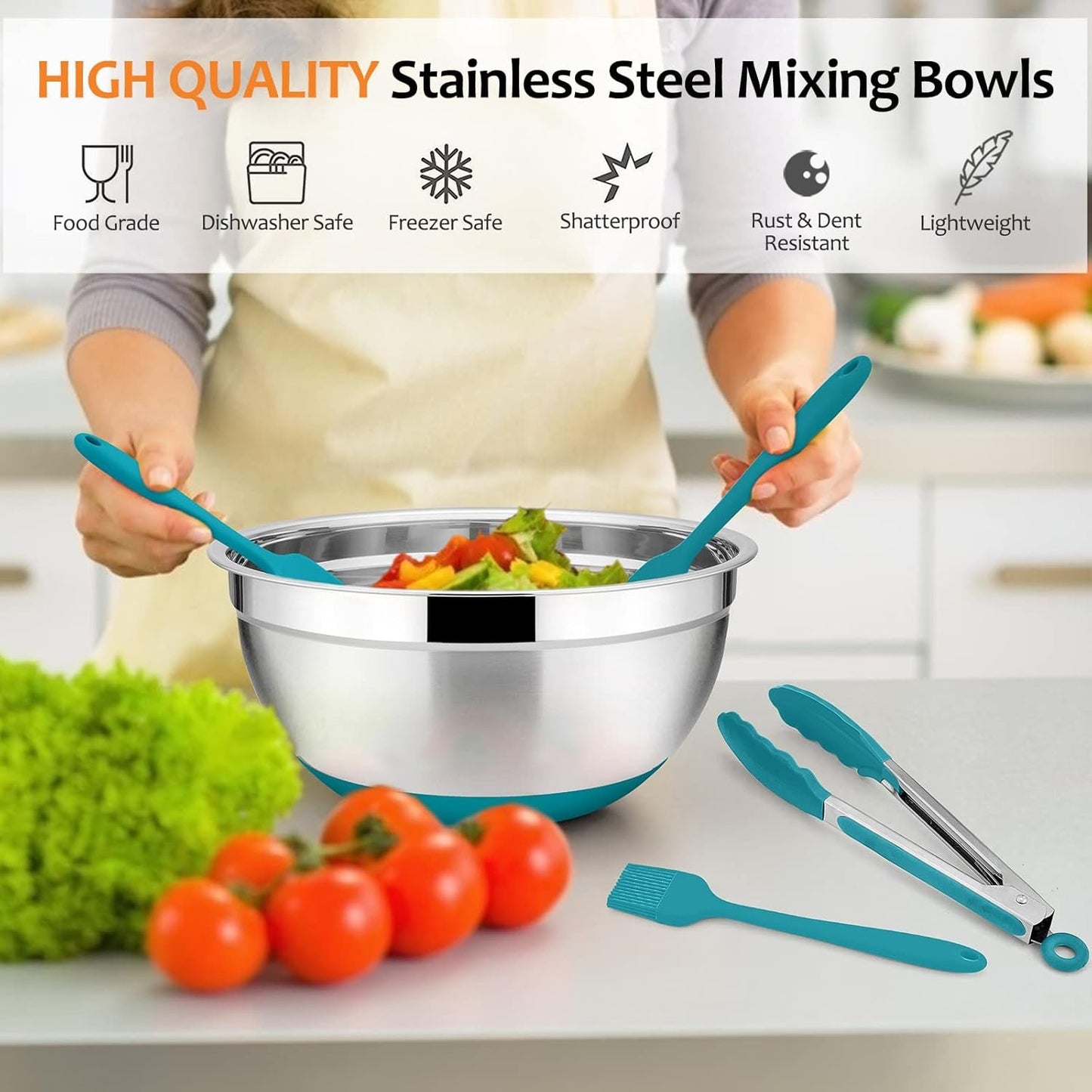 22-Piece Mixing Bowls with Teal Blue Lids & Accessories Set, E-far Stainless Steel Nesting Bowls with Covers & Non-Slip Bottoms, Metal Bowls for Cooking/Baking/Serving/Storage -Size 7/3.5/2.5/1.5/1 QT