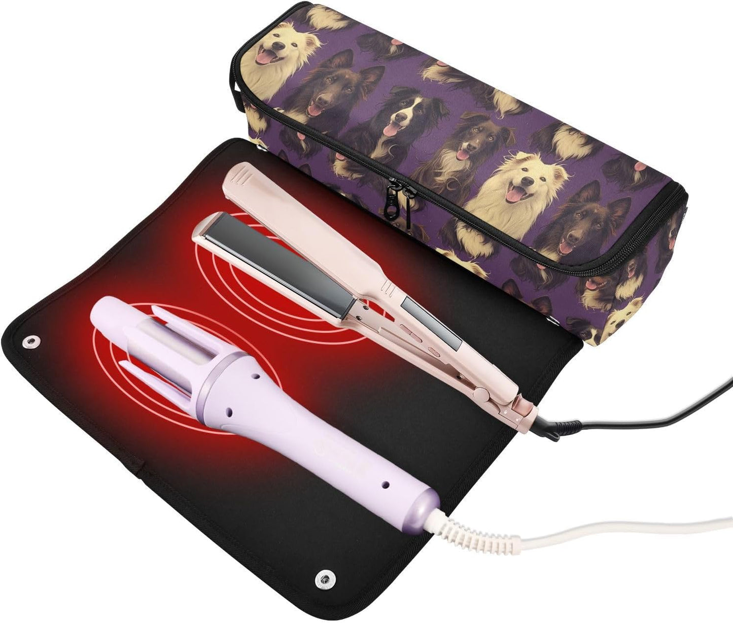 FRODOTGV Borsa da viaggio per attrezzi da viaggio con simpatico cane da pastore viola e tappetino resistente al calore, custodia da viaggio portatile per strumenti caldi e accessori per la cura dei