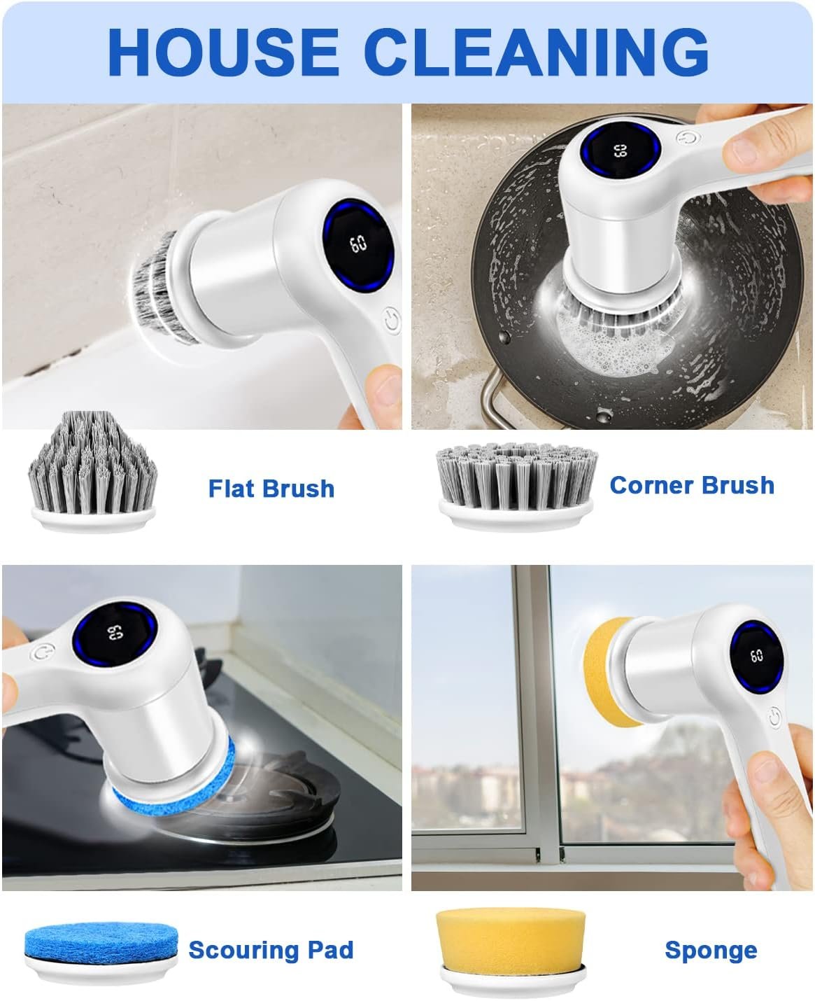 GRUTTI Electric Spin Scrubber, Rechargeable Bathroom Scrubber with Display and 5 Replaceable Brush Heads, 2 Speeds Cordless Cleaning Brush丨Power Shower Scrubber for Bathtub, Tub, Tile, Floor