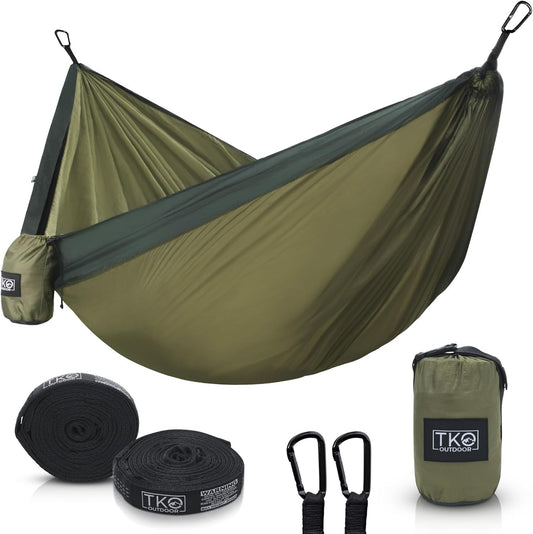 TKO Outdoor Double Camping Hammock - Portable Hammocks with Hanging Ropes | Lightweight Parachute Tree Hammock Tent for Backpacking, Travel, Beach, Backyard, Hiking, Indoor | Camping Gear Accessories