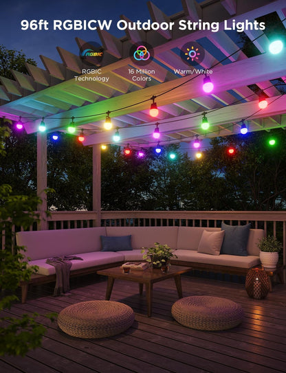 Govee Smart Outdoor String Lights 2, 96ft RGBIC Outdoor Lights with Dimmable Warm White LED Bulbs, 47 Scene Modes for Patio, Backyard, IP65 Waterproof, Works with Alexa, App Control