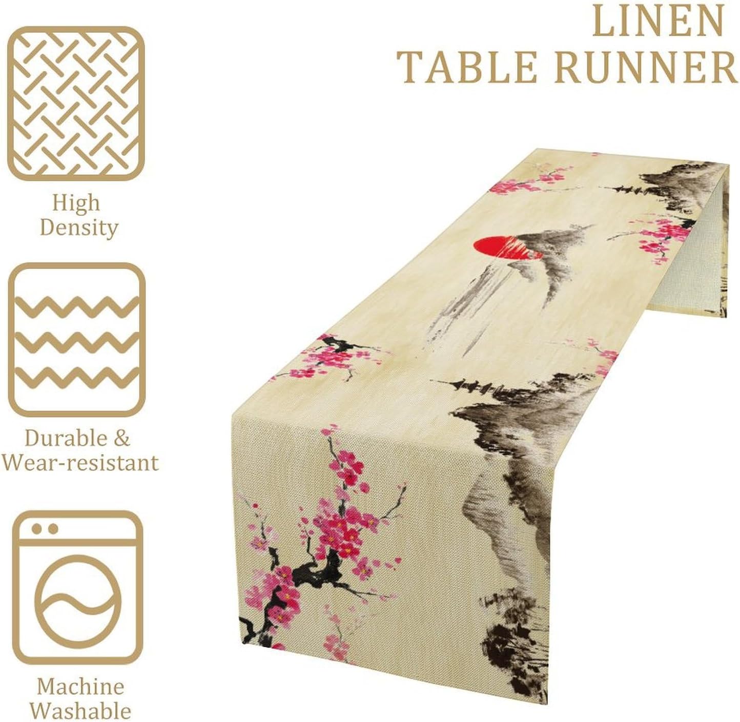 Japanese Cherry Blossom Table Runner Retro Spring Landscape Mountain Plum Floral Tabletop Decor Cover for Holiday Dining Room Party 13x120 Inch