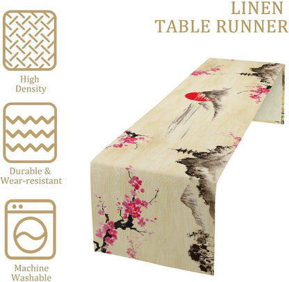 Japanese Cherry Blossom Table Runner Retro Spring Landscape Mountain Plum Floral Tabletop Decor Cover for Holiday Dining Room Party 13x120 Inch