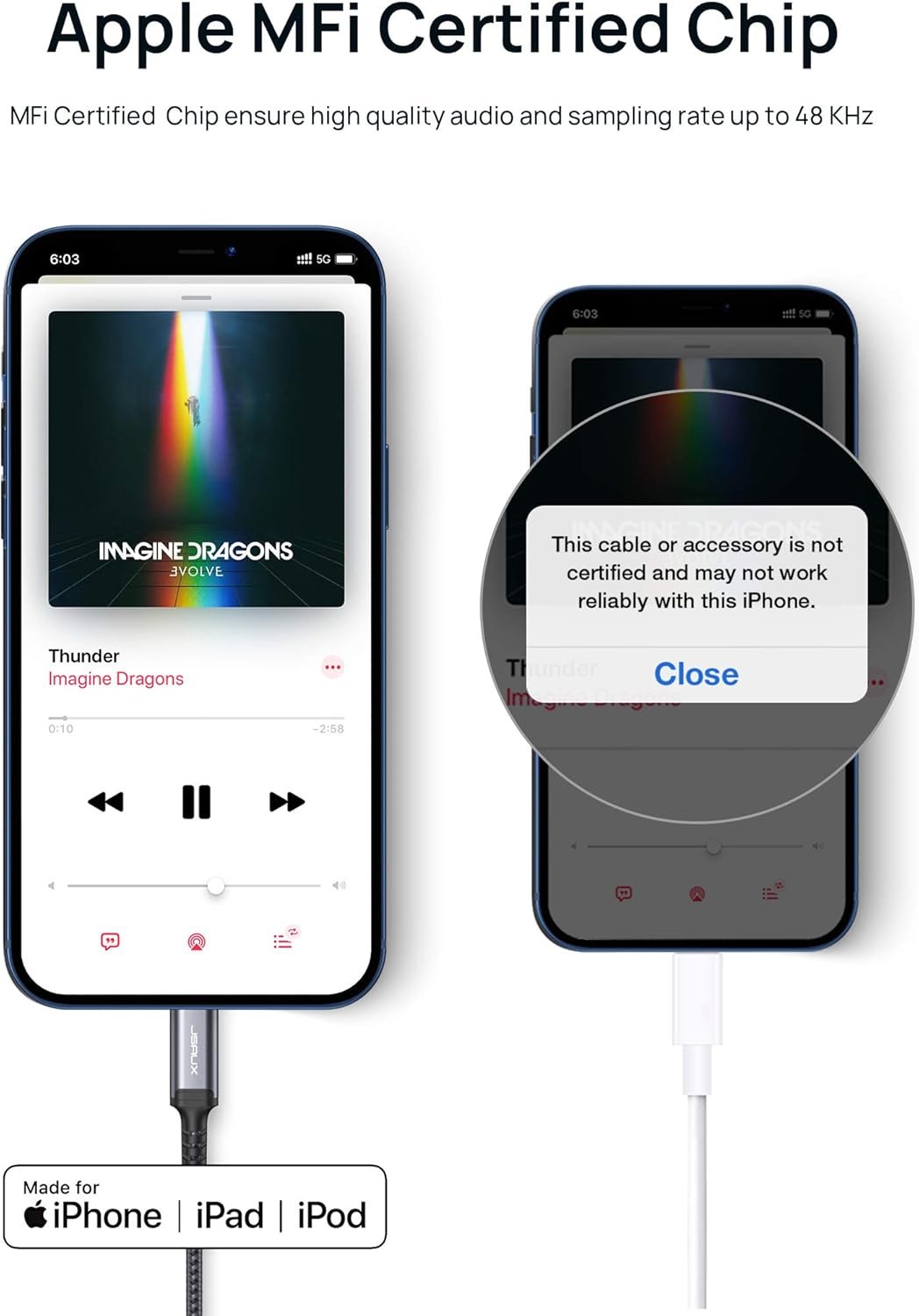 Aux Cord for iPhone【Apple MFi Certified】, JSAUX 6FT Aux to Lightning Cable, Lightning to 3.5mm Headphone Jack Adapter Cable for iPhone 14 13 12 11 Pro Max Mini, iPad iPod, Car Stereo, Speaker (Grey)
