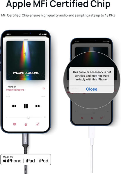 Aux Cord for iPhone【Apple MFi Certified】, JSAUX 6FT Aux to Lightning Cable, Lightning to 3.5mm Headphone Jack Adapter Cable for iPhone 14 13 12 11 Pro Max Mini, iPad iPod, Car Stereo, Speaker (Grey)