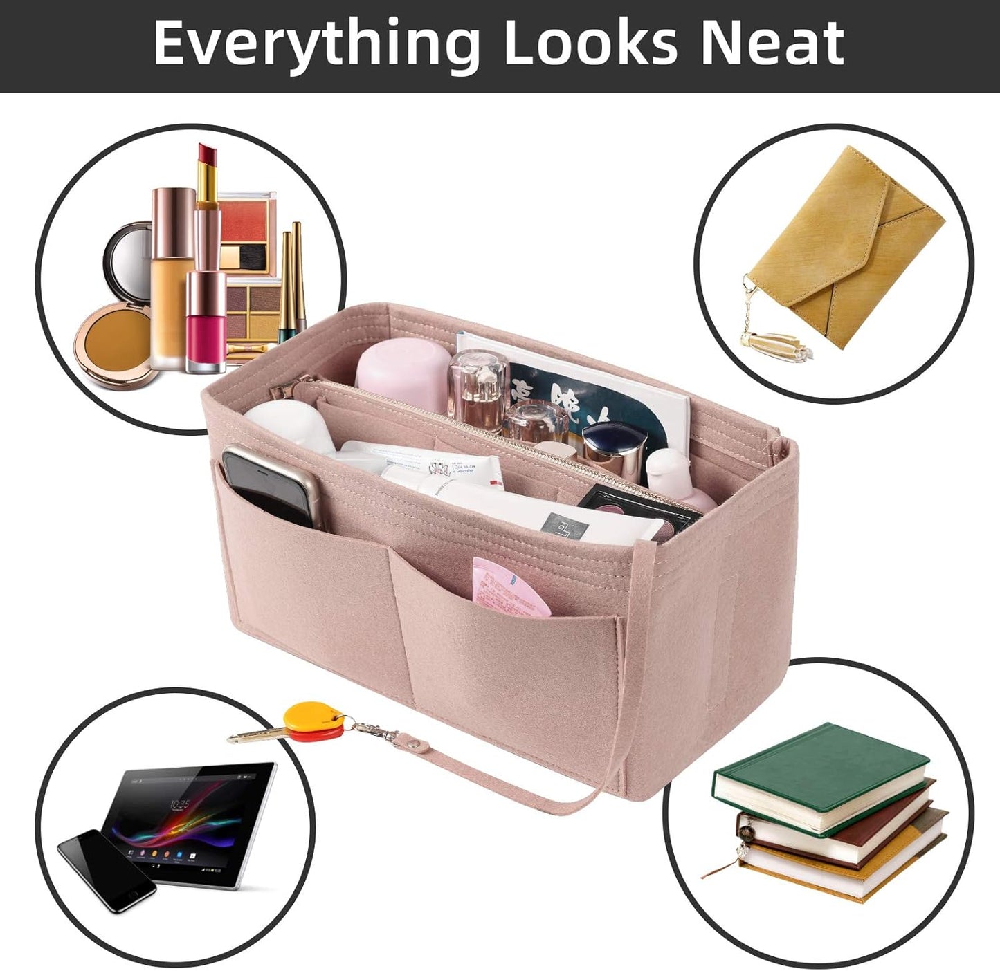 LITLANDSTAR Multi-Compartment Solid Color Felt Bag Large Capacity Makeup Bag Women Travel Large Makeup Organizer Toiletry bag Storage Pouch Handbag Tote, Khaki