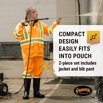 Pioneer Hi Vis Waterproof Lightweight Rainsuit - Work Safety Hooded Jacket and Bib Pants - Adjustable Pant Length - Hi Vis Orange