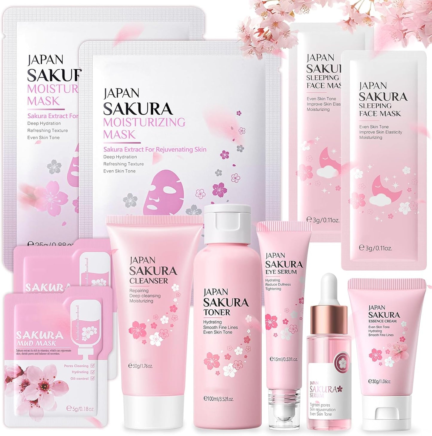 Sakura Skin Care Kit 11 Pieces, Includes Cleanser, Tonic, Face Cream, Serum and Eye Cream, Complete Face Skincare Set for Girls and Women