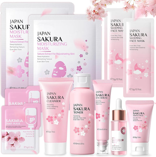 Sakura Skin Care Kit 11 Pieces, Includes Cleanser, Tonic, Face Cream, Serum and Eye Cream, Complete Face Skincare Set for Girls and Women
