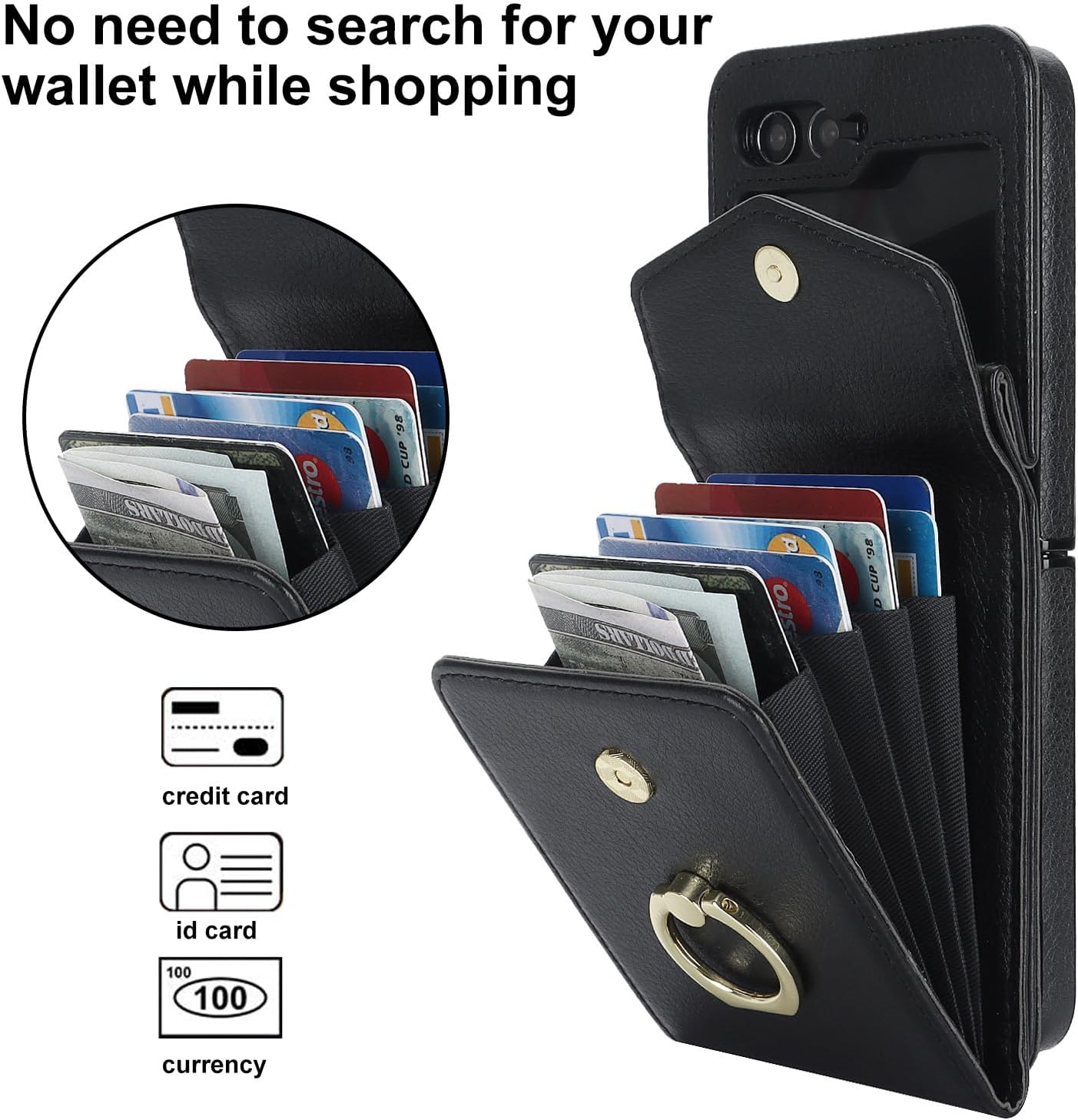 SINQERISHT Crossbody Wallet Phone Case for Samsung Galaxy Z Flip 6 5G 2024 Leather Case with Card Holder & 360° Ring Kickstand Purse Cover Magnetic Closure Flip Handbag Shell(Black)