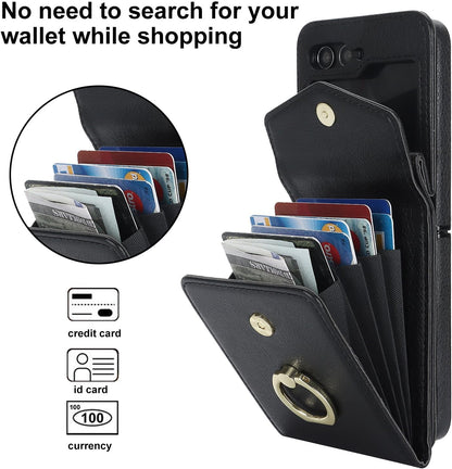 SINQERISHT Crossbody Wallet Phone Case for Samsung Galaxy Z Flip 6 5G 2024 Leather Case with Card Holder & 360° Ring Kickstand Purse Cover Magnetic Closure Flip Handbag Shell(Black)