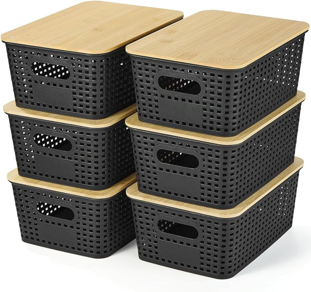 6 pcs Storage Bins with Bamboo Lids - Plastic Storage Containers with Lids Stackable Storage Box Baskets for Organizing Shelves Drawers Desktop Closet Office