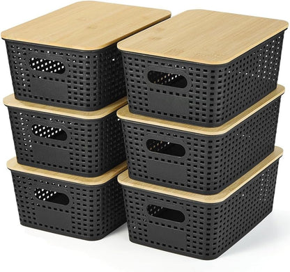 6 pcs Storage Bins with Bamboo Lids - Plastic Storage Containers with Lids Stackable Storage Box Baskets for Organizing Shelves Drawers Desktop Closet Office
